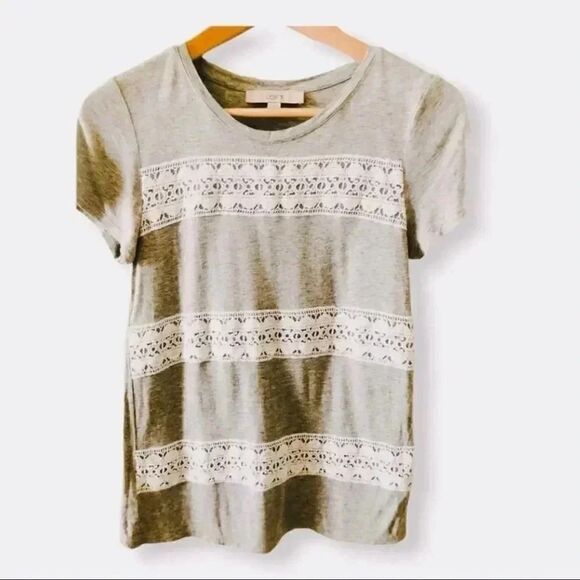 LOFT Gray Short Sleeves Tee With White Lace - Picture 1 of 3